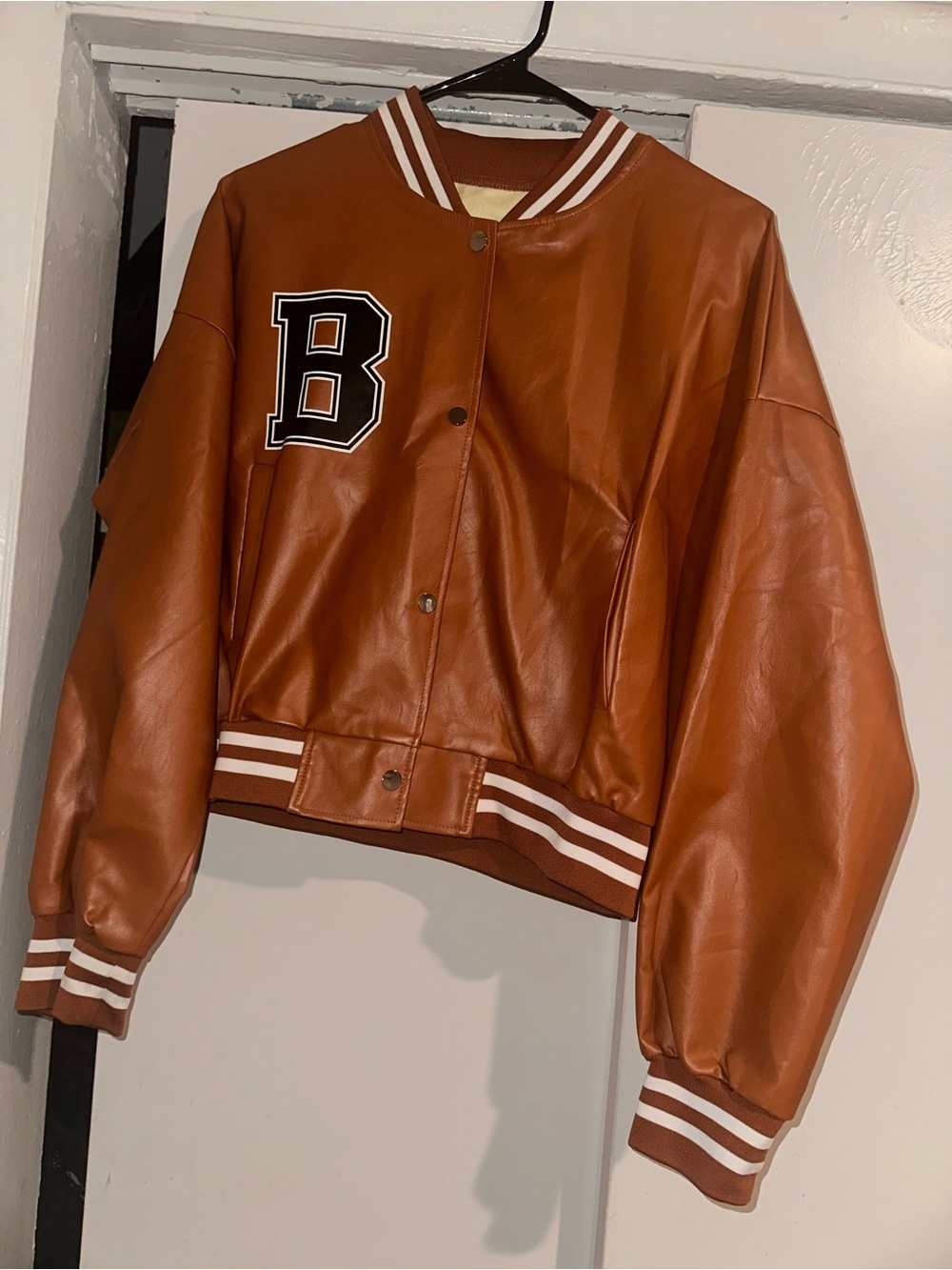 Brown Letterman Bomber Jacket with Stripe Trim